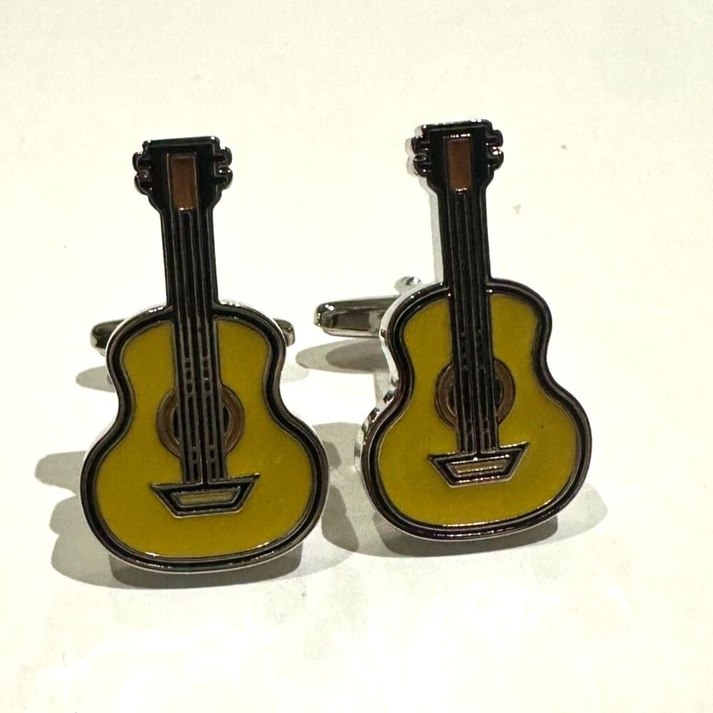 Acoustic Guitar Cufflinks — Yellow & Black Enamel | Large Size